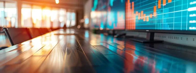 a modern office workspace features a sleek conference table with vibrant digital marketing charts displayed on screens, capturing the dynamic energy of a local business strategy meeting focused on innovative practices for success.