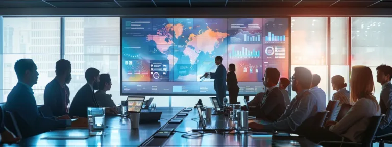 a sleek, modern conference room filled with energetic professionals engaging in a dynamic brainstorming session, surrounded by colorful presentations on digital screens that emphasize creativity in advertising strategies.