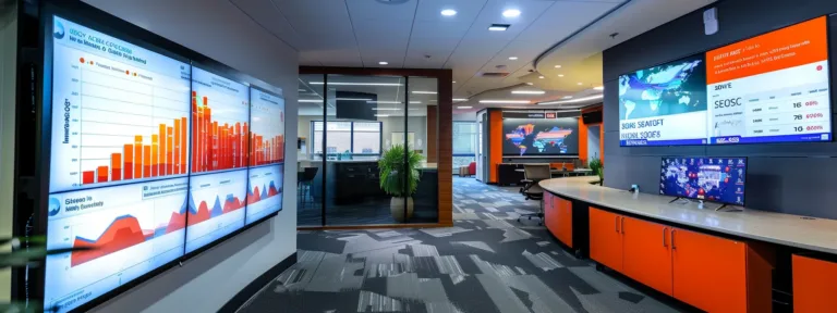 a sleek, modern office filled with digital screens and charts displaying seo analytics and growth strategies, illuminated by bright led lighting to emphasize a vibrant atmosphere of innovation and success in oak harbor.