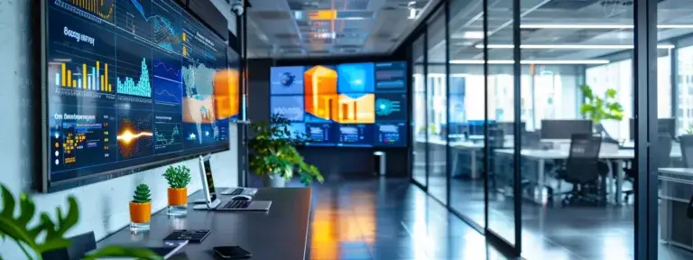 a sleek, modern office filled with dynamic digital marketing visuals, showcasing innovative strategies and vibrant graphics on multiple high-resolution screens, radiating a sense of creativity and professionalism.