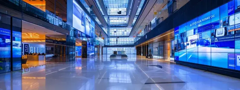 a sleek, modern office filled with vibrant digital screens showcasing dynamic online advertisements in an engaging, tech-savvy environment.