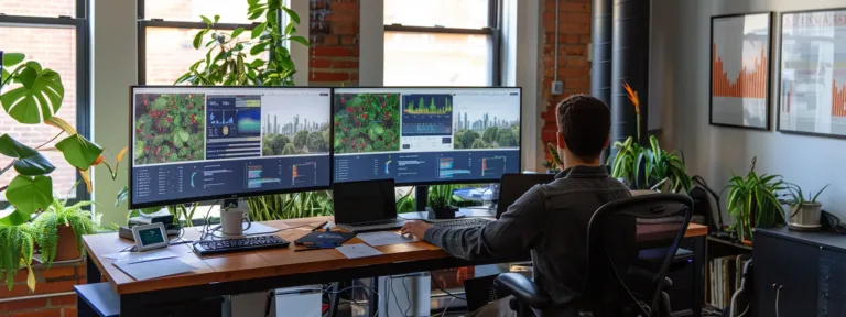 Modern office workspace with a person working on multiple monitors displaying data analytics, surrounded by plants, emphasizing a digital marketing environment.