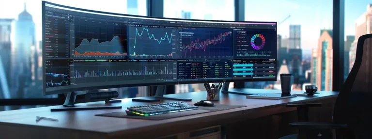 Sleek modern office workspace with a curved monitor displaying financial data, graphs, and analytics, emphasizing digital marketing and SEO strategies for Oak Harbor businesses.