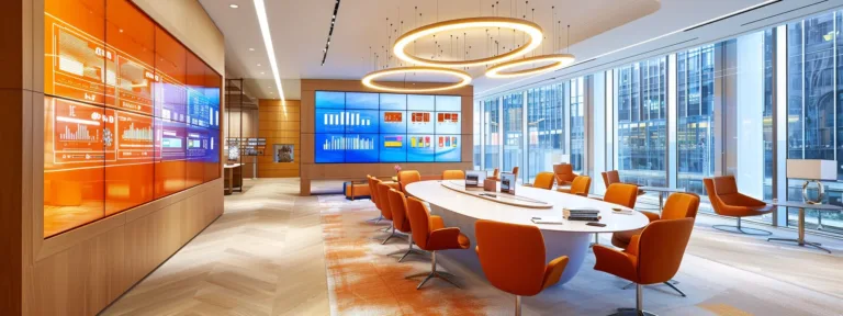 Modern office workspace featuring a large conference table surrounded by orange chairs, illuminated by circular pendant lights, with digital screens displaying data and analytics on the walls.