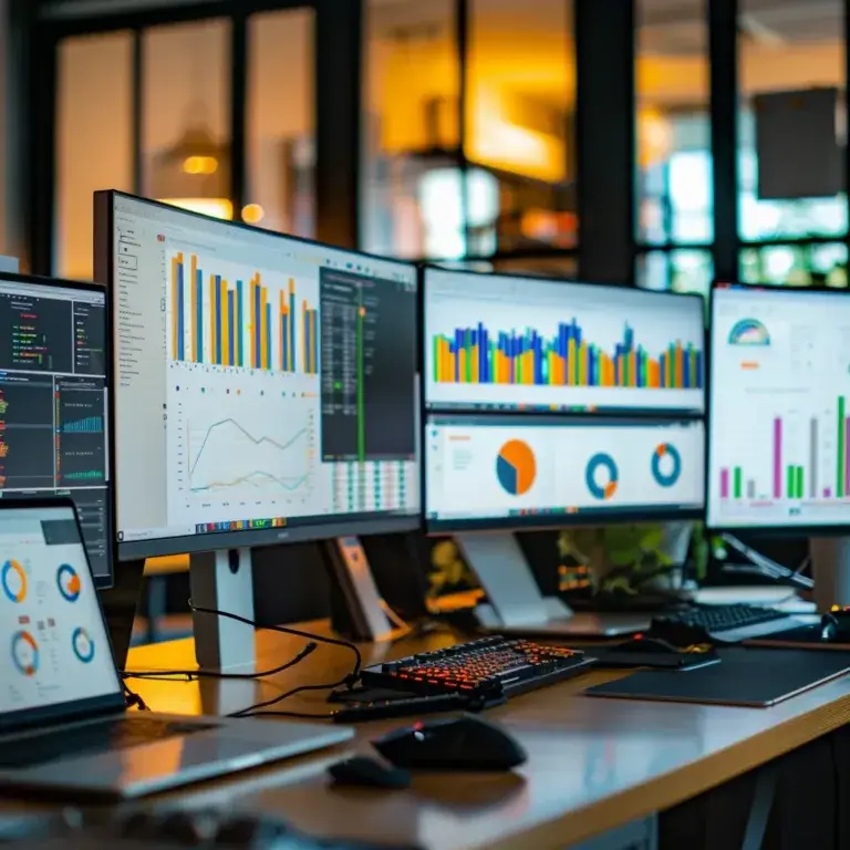 a sleek, modern office workspace featuring multiple computer screens displaying vibrant graphs and analytics, symbolizing the optimization of an oak harbor website's seo for improved search engine rankings.