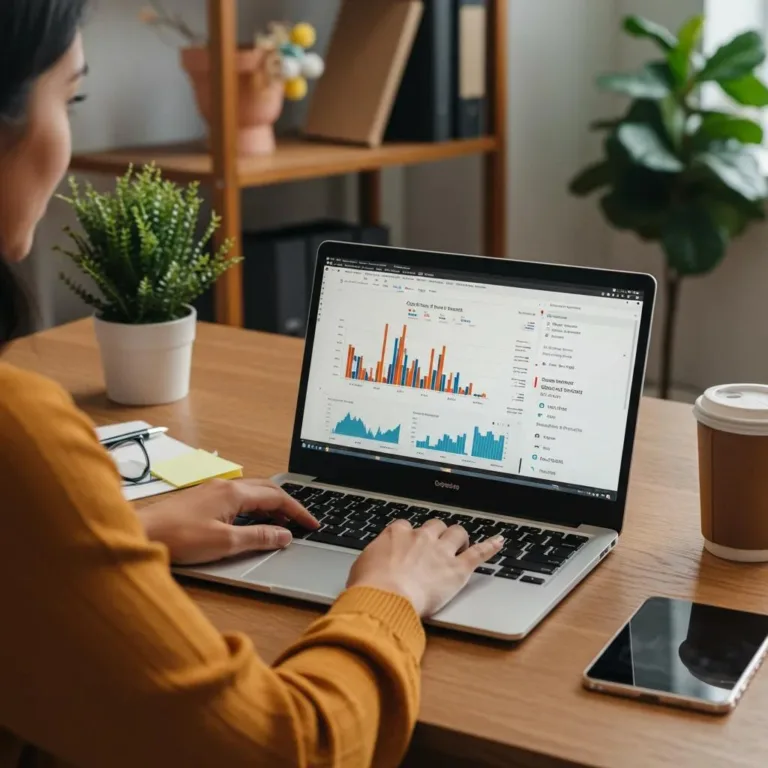 Business owner analyzing Google Business Profile insights on a laptop in a cozy office, with charts and data displayed, showcasing local SEO performance and digital marketing strategies.