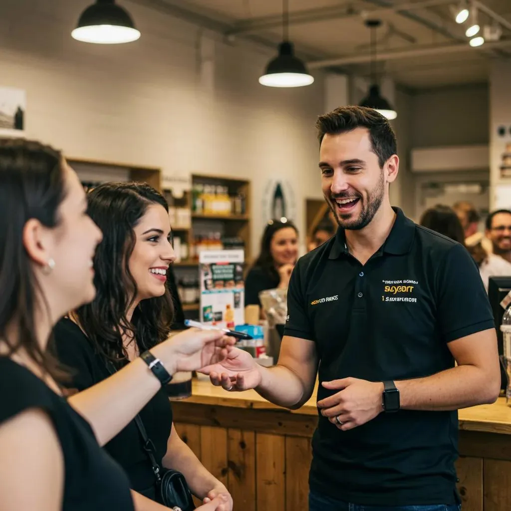 Business owner encouraging positive customer reviews in a lively retail environment