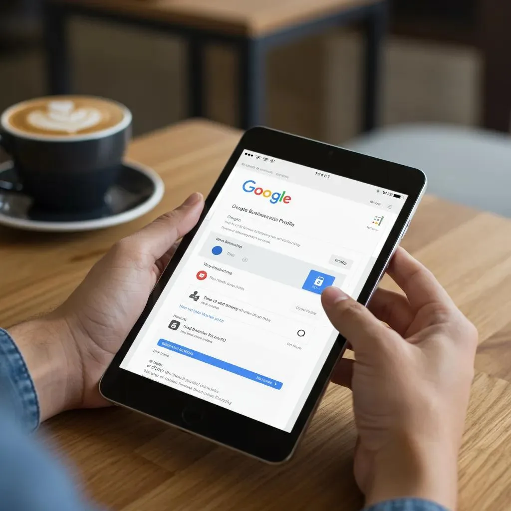 Person holding a tablet displaying a Google Business Profile interface, emphasizing local SEO optimization for businesses.