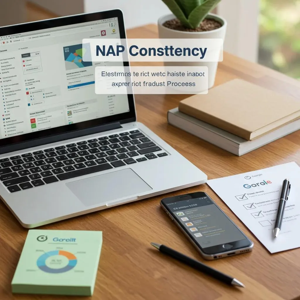 Laptop displaying NAP consistency checklist, smartphone with app interface, notepad, and pen on wooden desk, emphasizing local SEO optimization for Google Business Profiles.