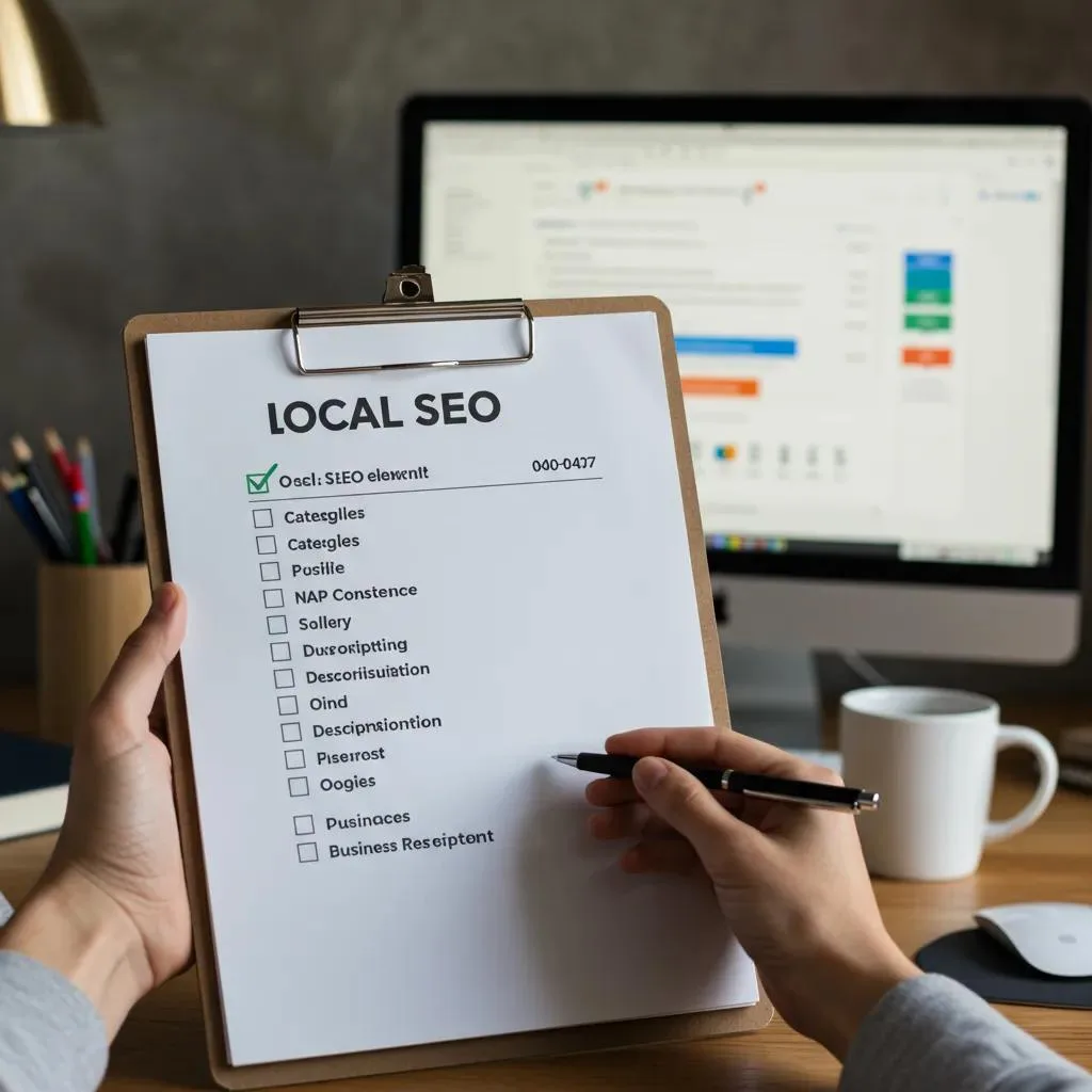 Checklist for optimizing local SEO with focus on Google Business Profile, highlighting categories, NAP consistency, and essential attributes for engagement.