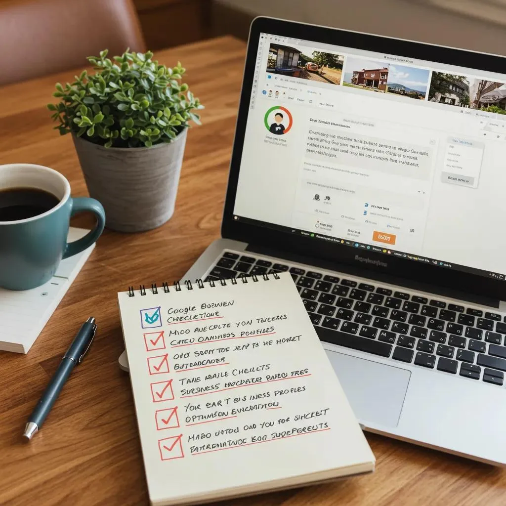 Checklist for Google Business Profile optimization on notepad beside a laptop, with a coffee cup and plant, emphasizing actionable local SEO strategies.
