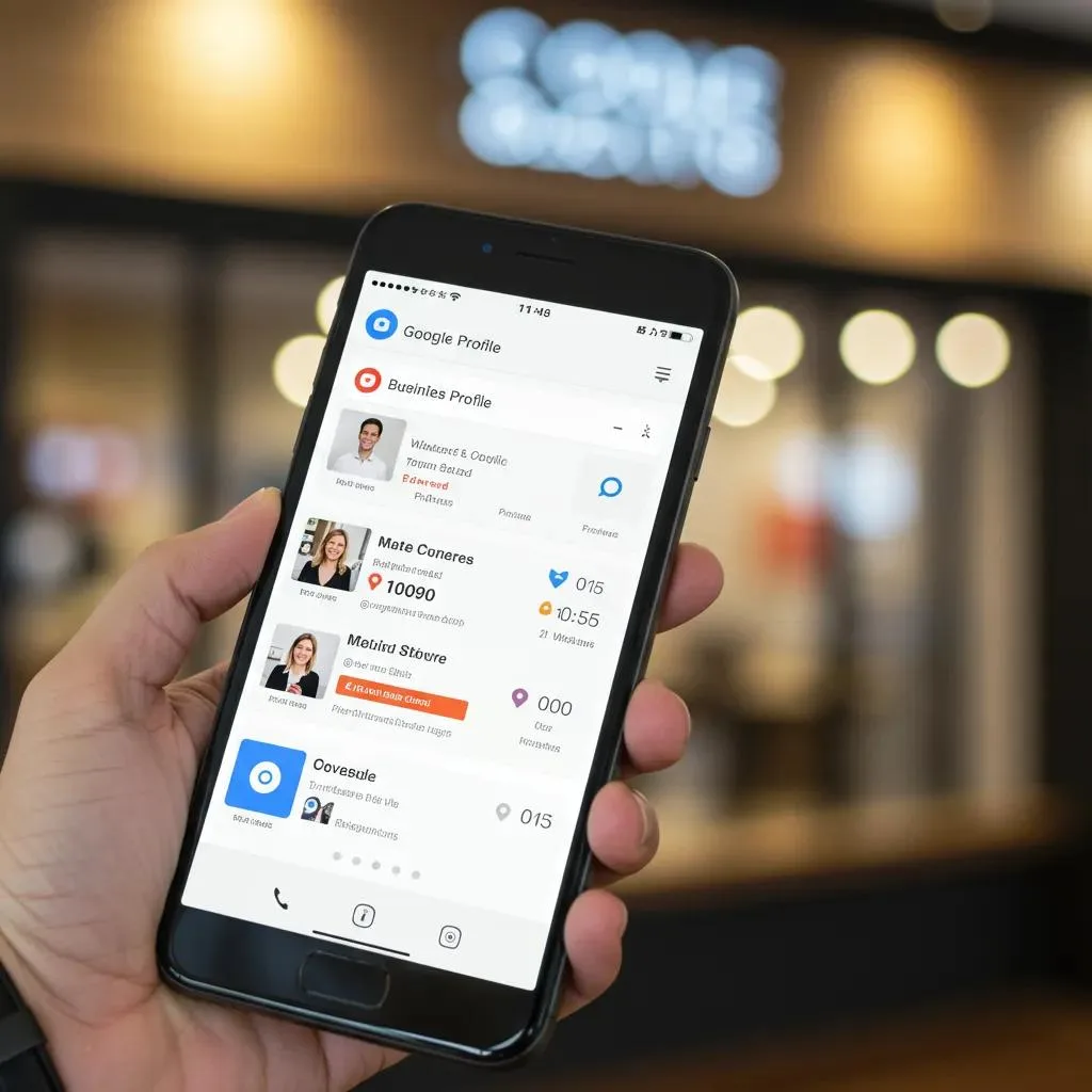 Close-up of a smartphone displaying a Google Business Profile, showcasing key features like business information, user reviews, and engagement metrics, relevant for local SEO optimization.