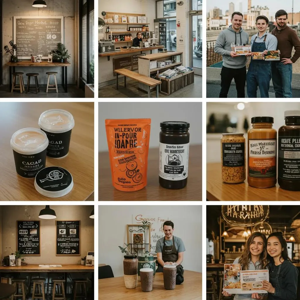 High-quality photos of a local café showcasing interior design, staff interaction, and product offerings, emphasizing the importance of visuals for Google Business Profile optimization.