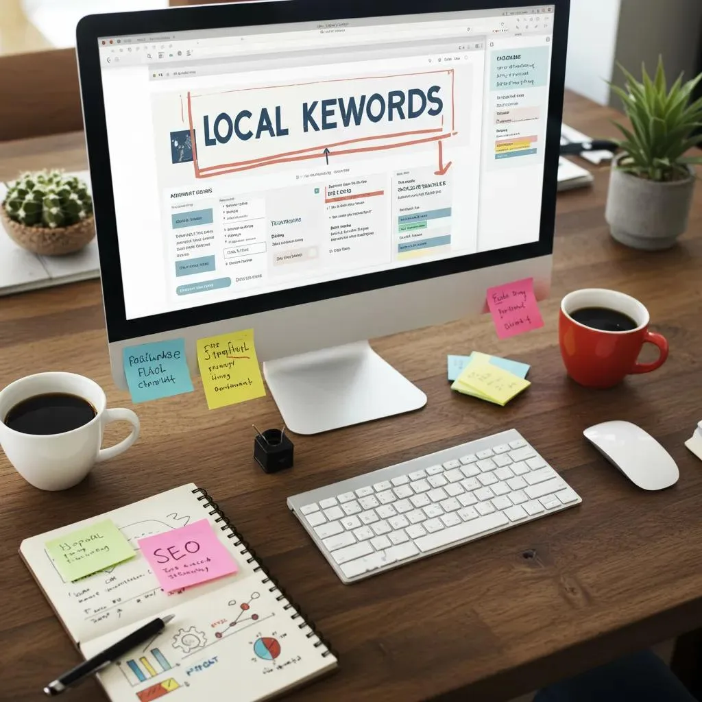 Computer screen displaying "LOCAL KEYWORDS" emphasizing on-page SEO for local visibility, with a workspace featuring coffee cups, sticky notes, and a notebook illustrating SEO strategies.