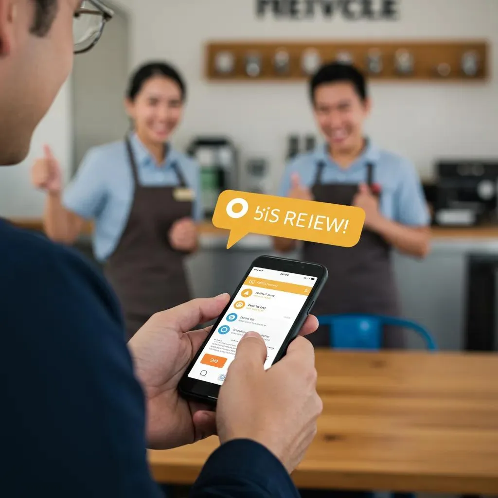 Customer using smartphone to leave a positive review, with smiling staff in the background, highlighting the importance of feedback for local businesses.