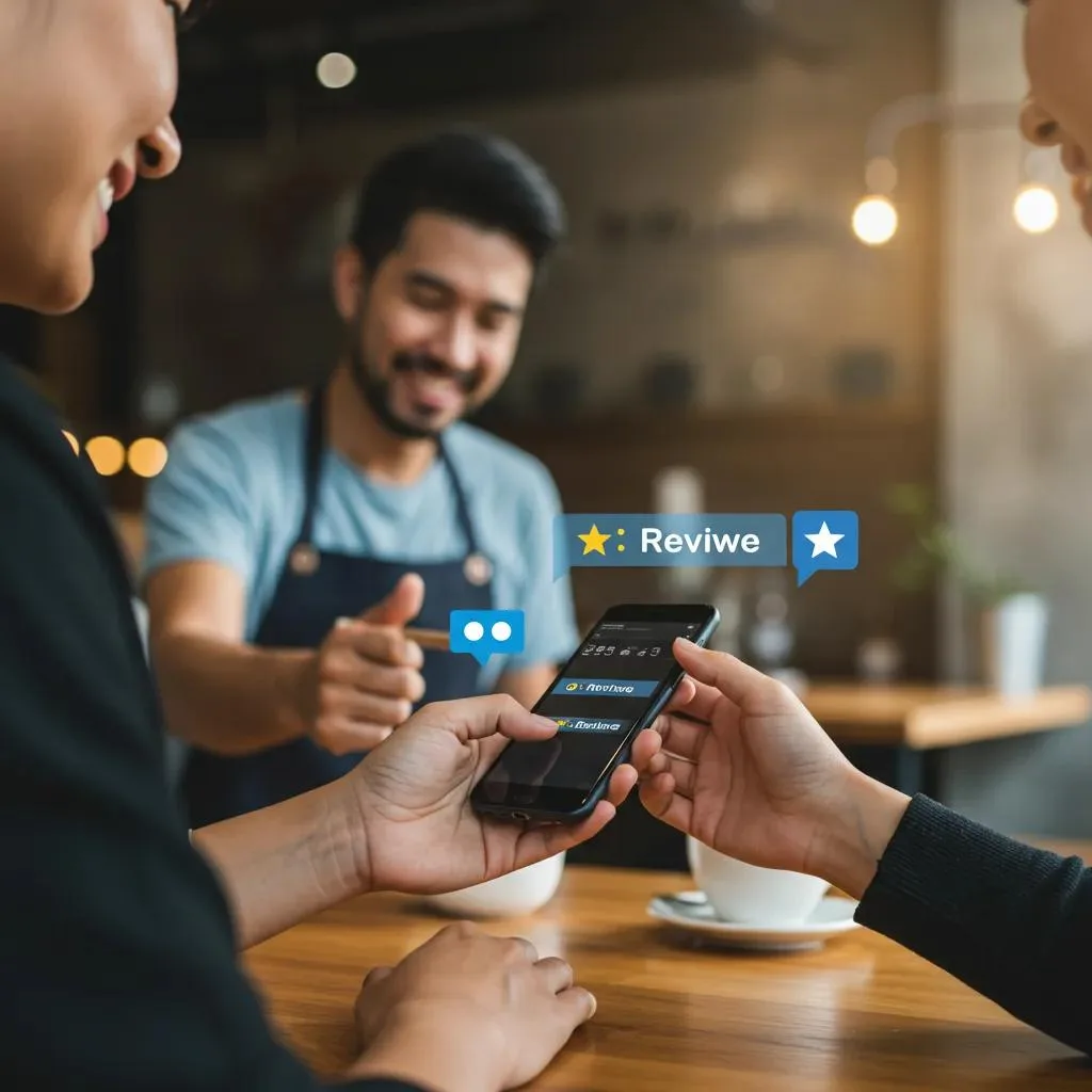 Customer leaving a positive review on smartphone with business owner in background, highlighting feedback engagement and review generation strategies.