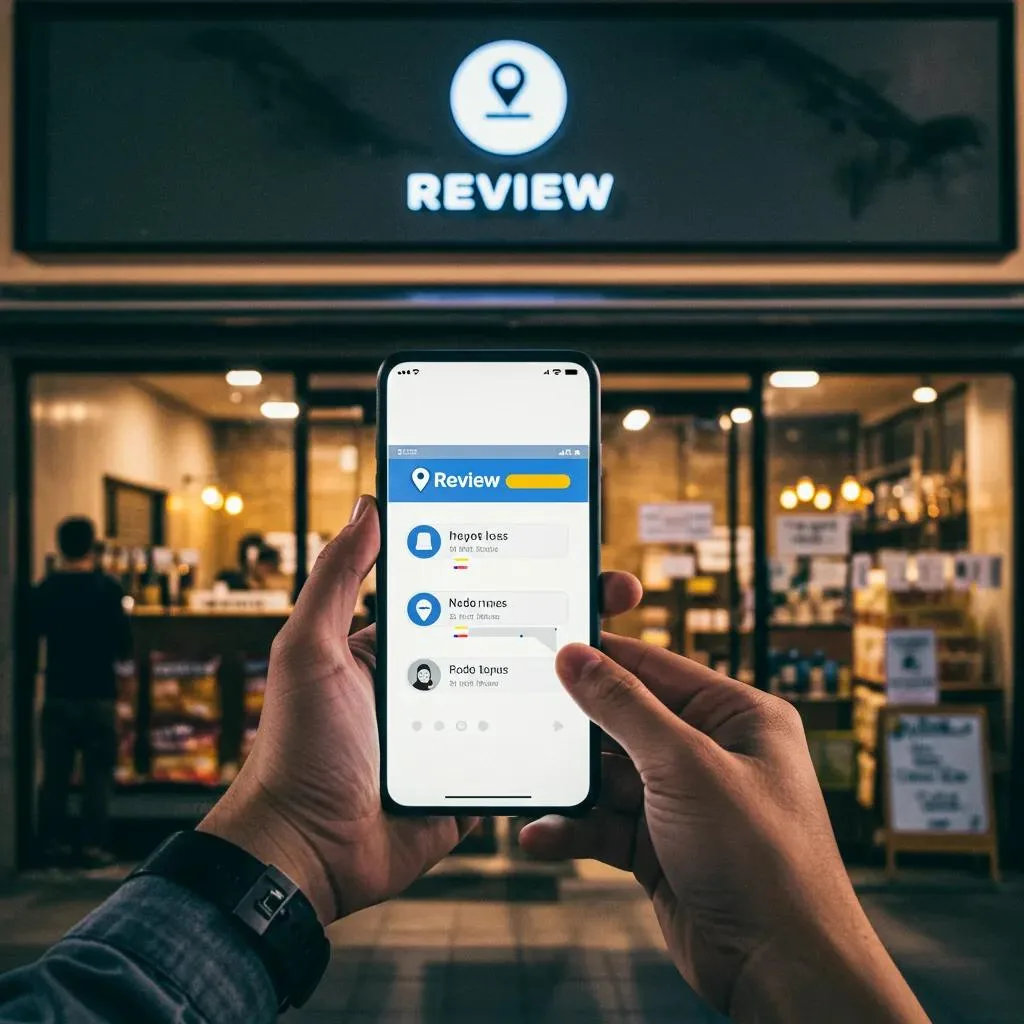 Customer leaving a review on a mobile device in front of a local business