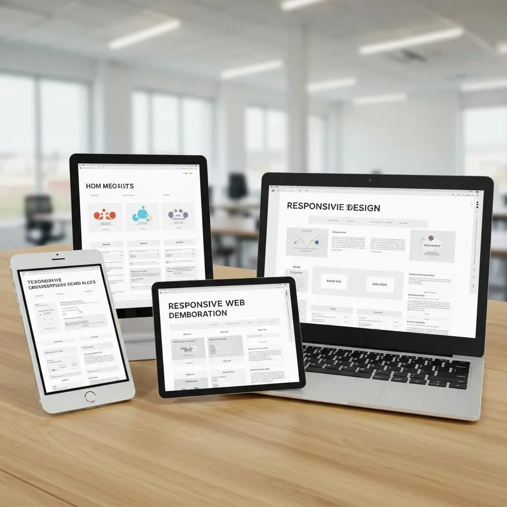 Demonstration of responsive web design on multiple devices in a modern office