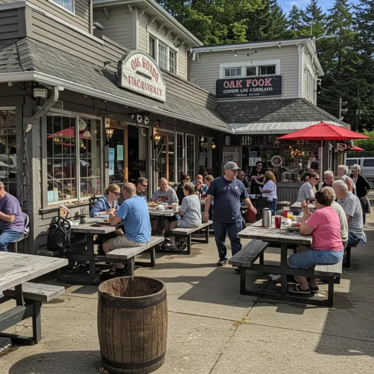 Customers dining outside at Oak Harbor seafood restaurant, showcasing community engagement and local business atmosphere.