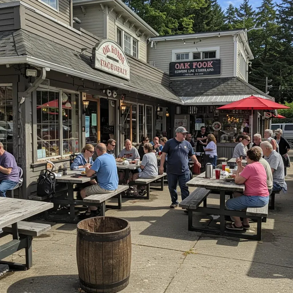 Outdoor dining scene at Oak Harbor restaurant with customers enjoying seafood, highlighting community engagement and local business atmosphere.