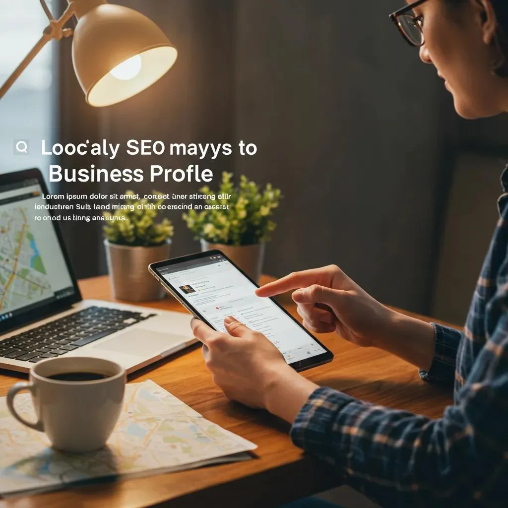 Local business owner analyzing Google Business Profile tools on a tablet in a cozy office setting with a laptop, coffee cup, and map in view.