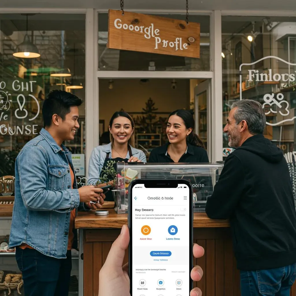 Local business owner engaging with customers at a storefront, showcasing Google Business Profile on smartphone, emphasizing customer interaction and local SEO importance.