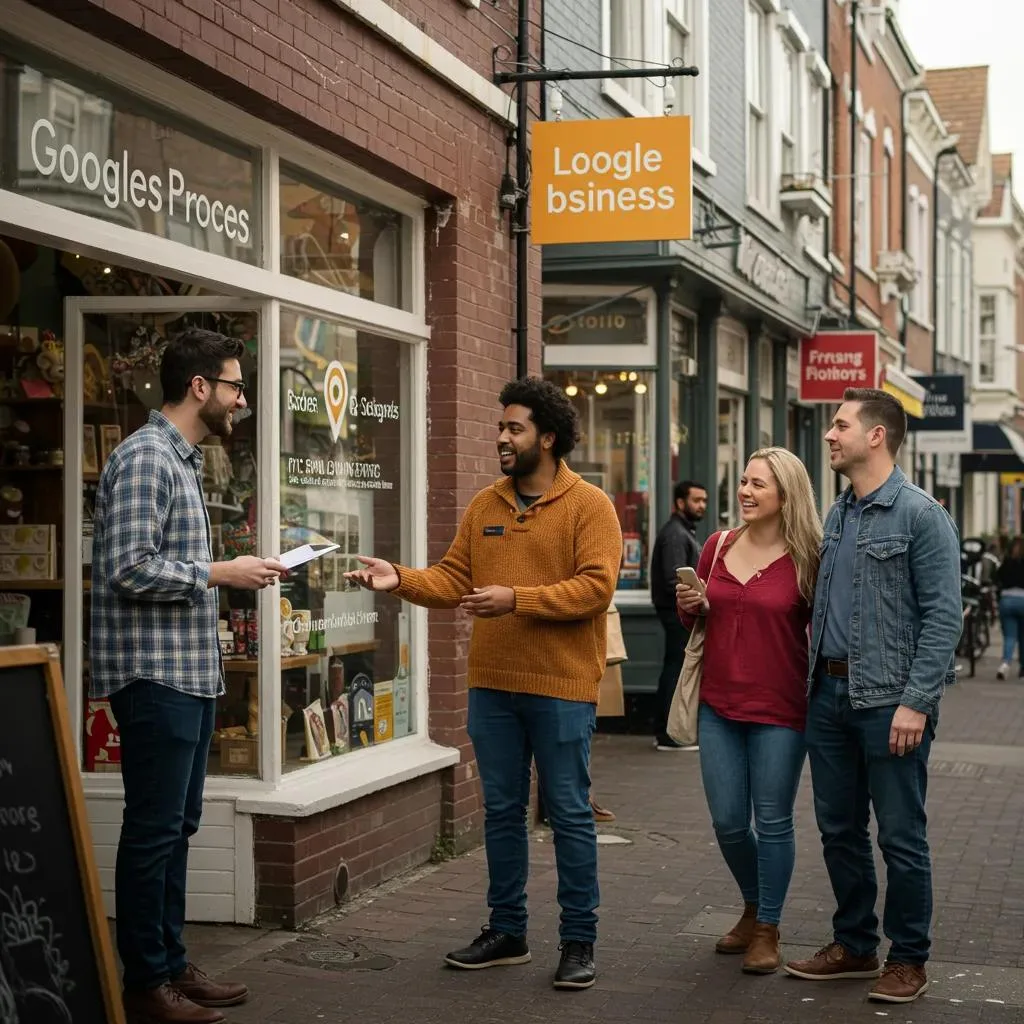 Local business owner engaging with customers outside a shop, showcasing the significance of Google Business Profile for local SEO success.