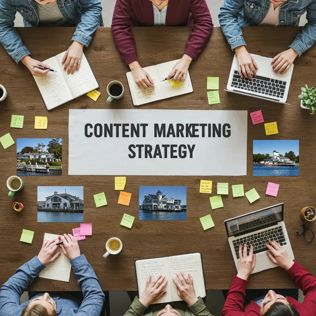 Local business owners collaborating on content marketing strategies, featuring a table with notes, coffee cups, and images of Oak Harbor, emphasizing community engagement and local SEO tactics.