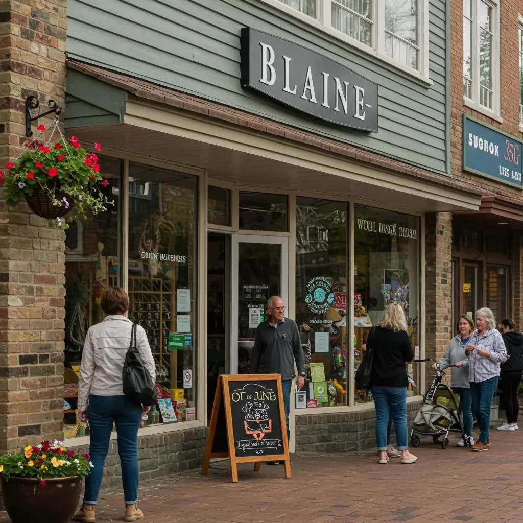 Local business storefront in Blaine showcasing community engagement, featuring shoppers and a chalkboard sign promoting local offerings.