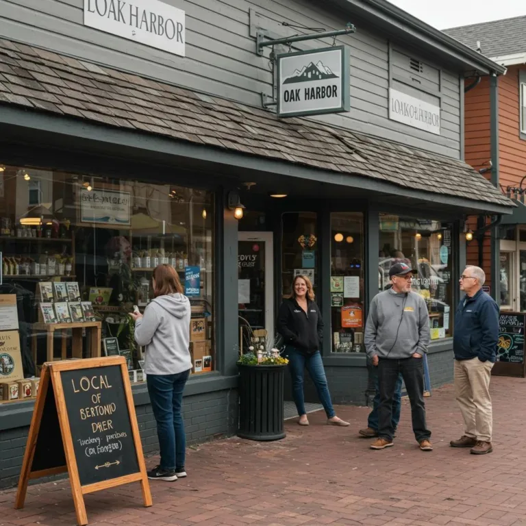 Local business storefront in Oak Harbor with customers and staff engaging, showcasing community involvement and local commerce.