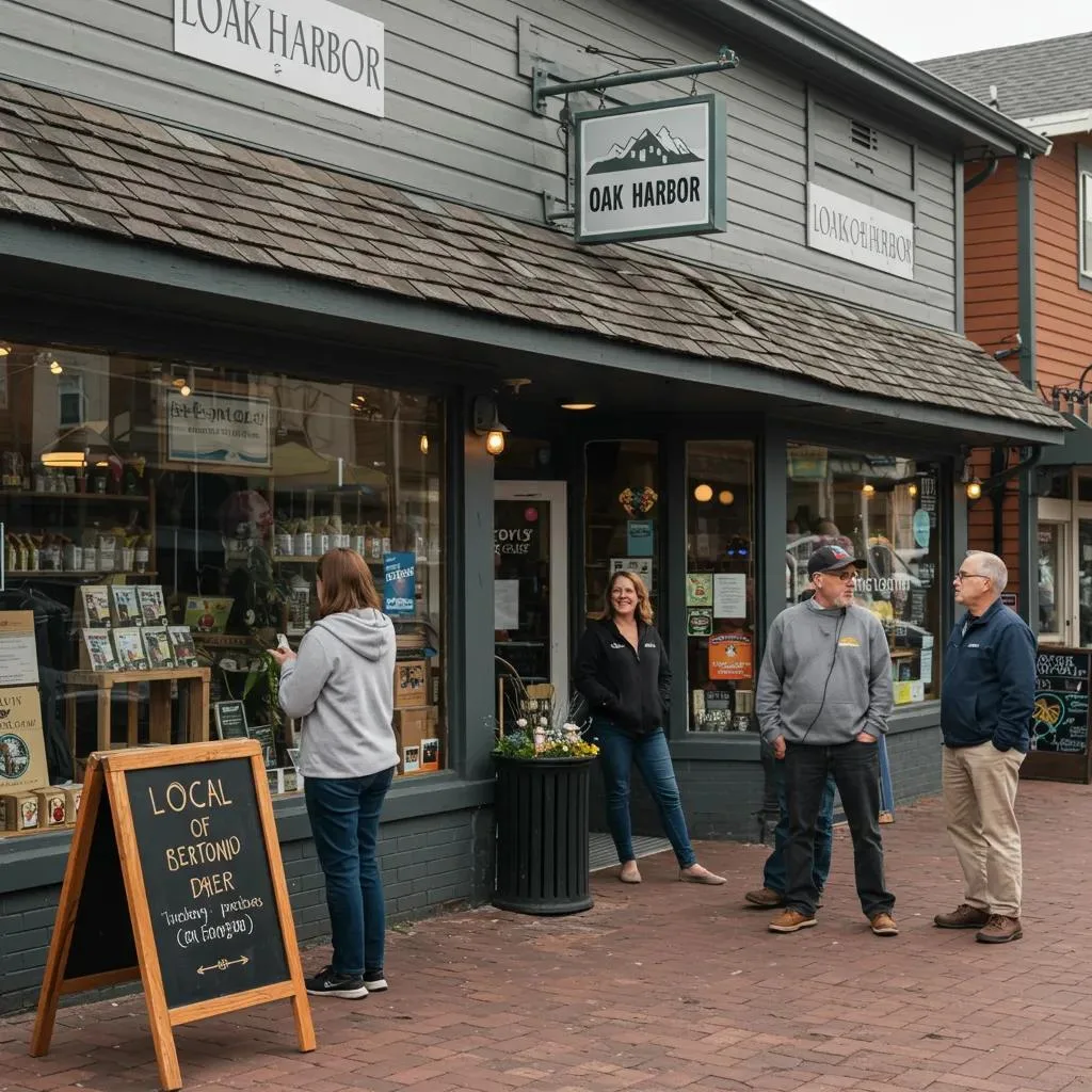 Local business storefront in Oak Harbor with customers and staff engaging, featuring a sign displaying "Oak Harbor" and a chalkboard highlighting local offerings.