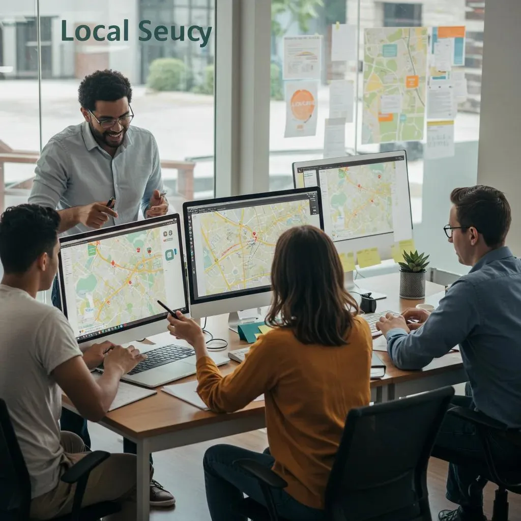 Team collaborating on local SEO strategies, analyzing maps on computer screens, emphasizing Google Business Profile optimization and citation management.