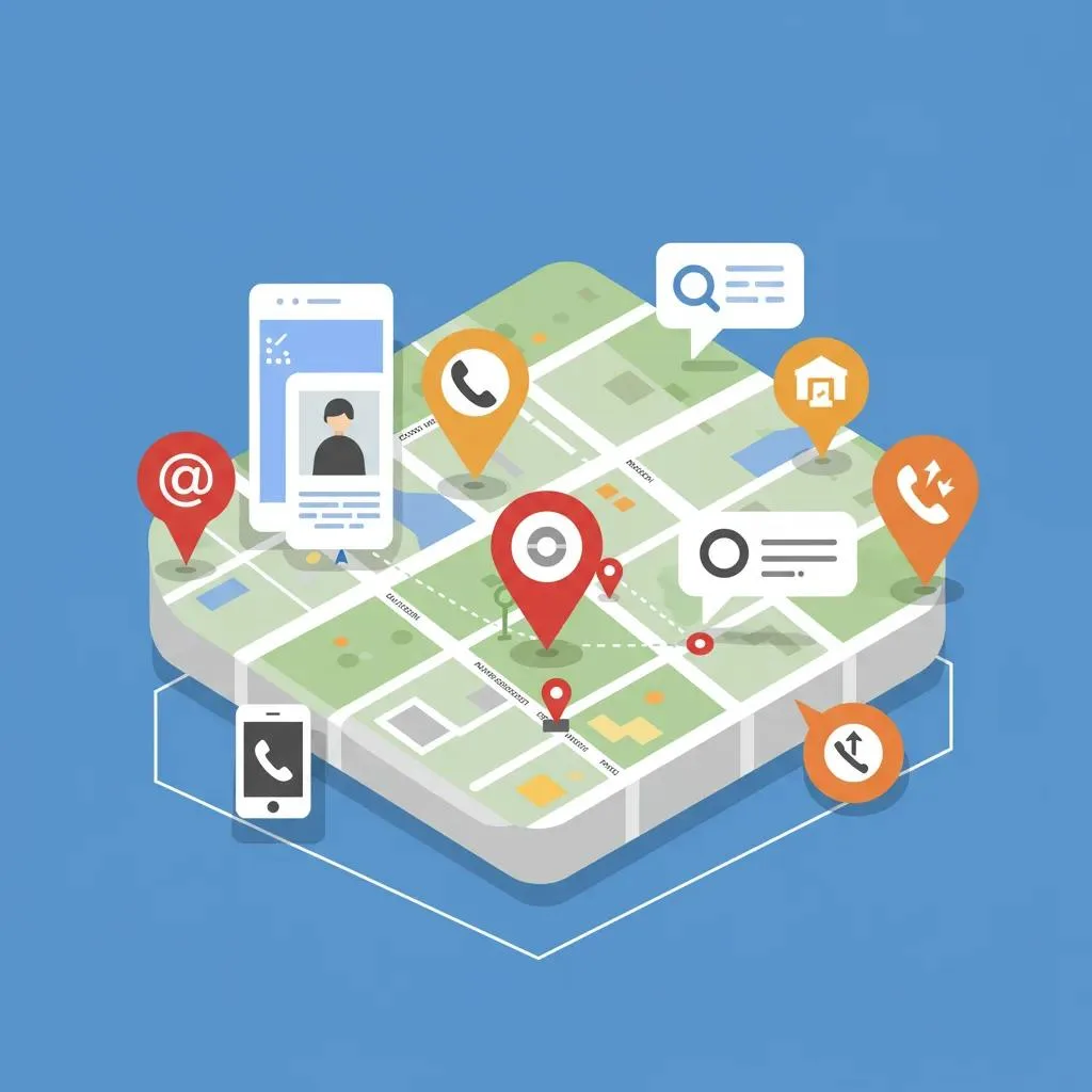 Map highlighting a business location with icons for search queries and customer engagement actions