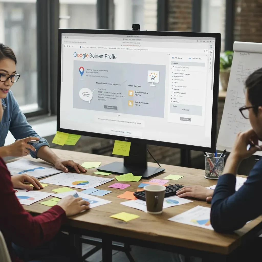 Team optimizing Google Business Profile on a computer, showcasing marketing strategies and analytics, with charts and notes on a wooden table.