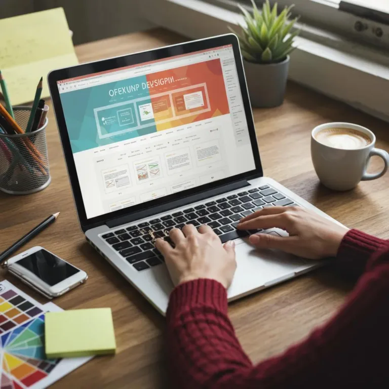 Person working on a laptop in a modern workspace, showcasing web design elements, with a coffee cup and design materials on the table, relevant to digital marketing and web design services in Oak Harbor.