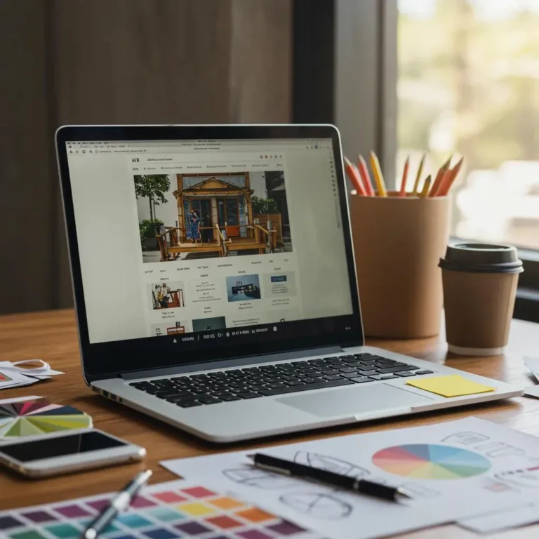 Modern web design workspace featuring a laptop displaying a website, design tools, color palettes, and stationery, emphasizing local SEO strategies for small businesses in Oak Harbor.