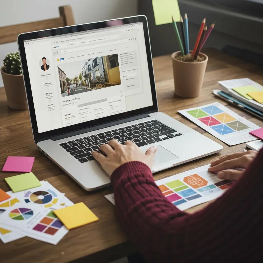 Modern web design workspace with a laptop displaying a design interface, colorful design elements, and a person working on branding materials, symbolizing Blaine web design services that enhance online presence and user experience.