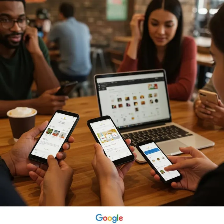 People engaging with Google Business Profile in a café setting