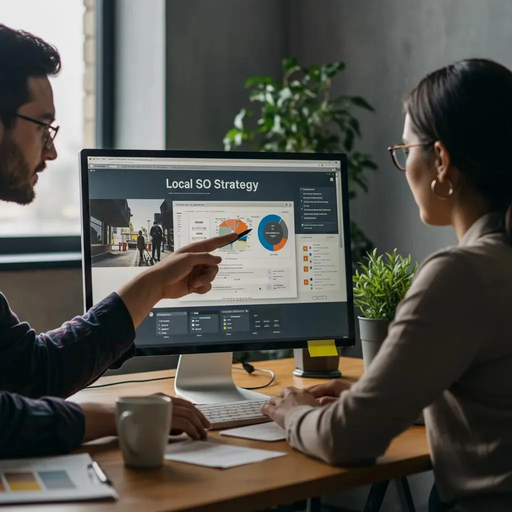 Professional web designer discussing local SEO strategies with a client, pointing at a computer screen displaying a local SEO strategy dashboard and analytics, in a modern office setting.