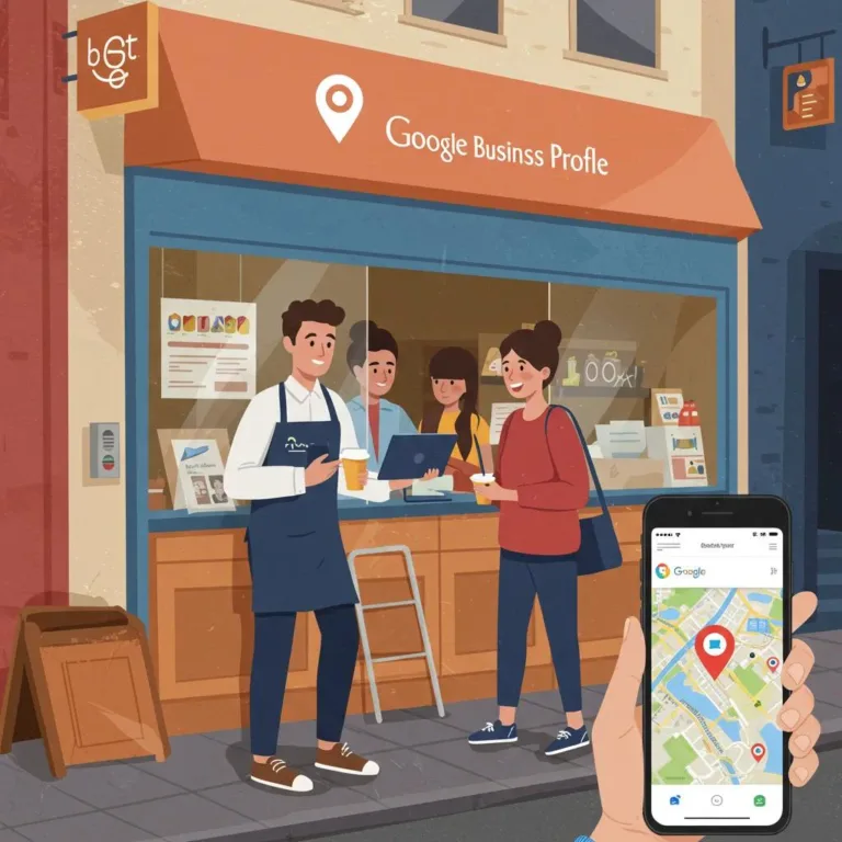Small business owner engaging with customers outside a store displaying "Google Business Profile," highlighting local SEO importance, with a smartphone showing a map location.