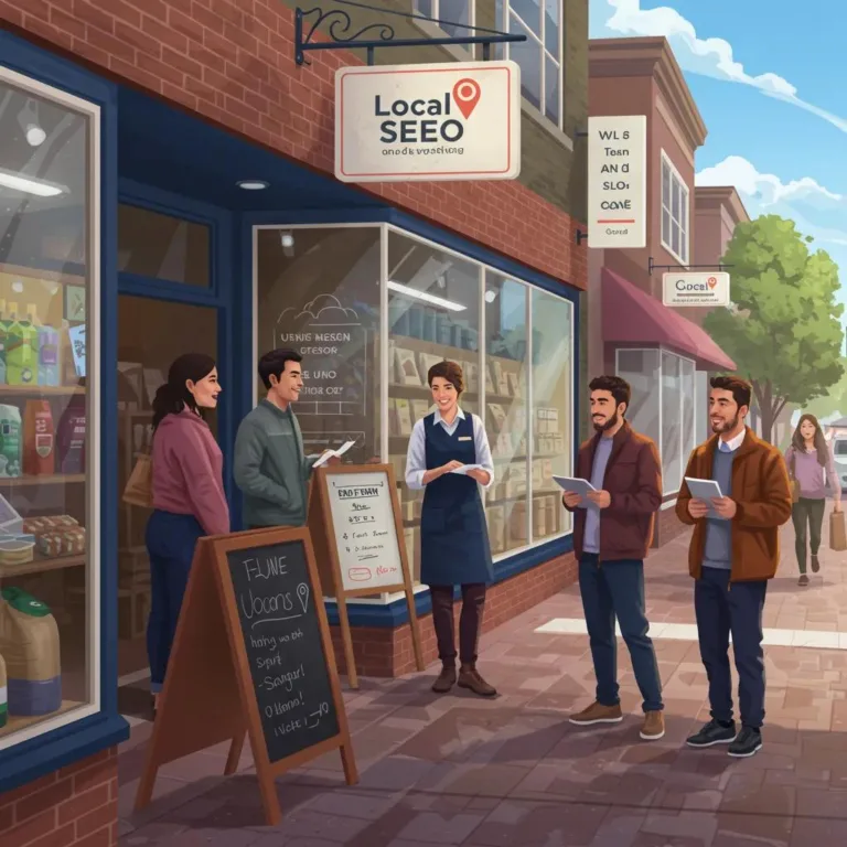 Small business owner engaging with customers outside a local shop, featuring a "Local SEO" sign, highlighting community interaction and local marketing success.