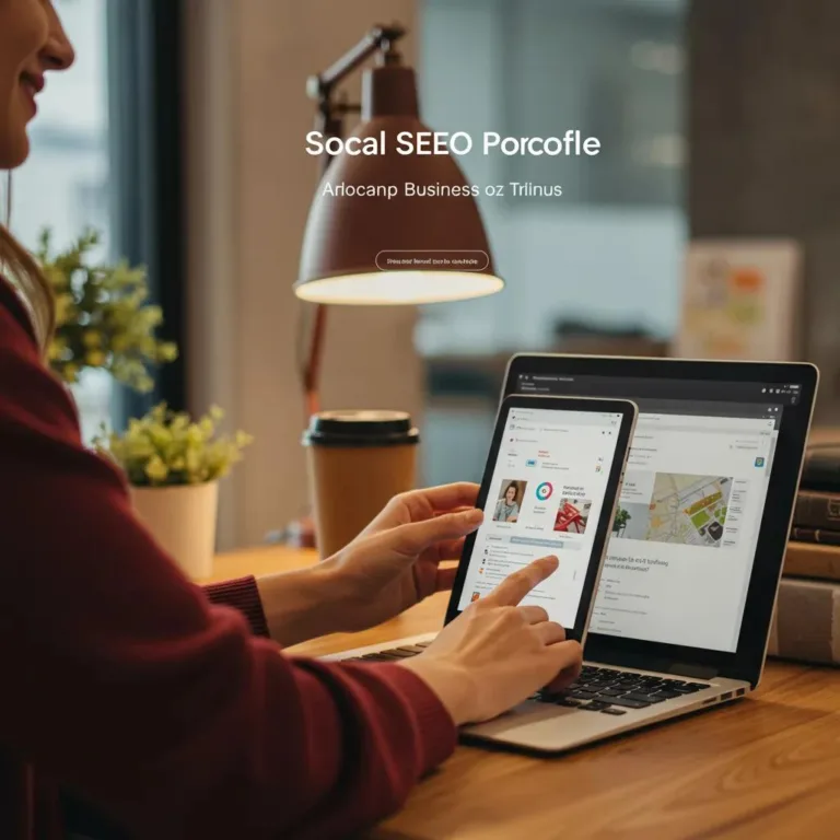 Small business owner managing Google Business Profile in a cozy office setting