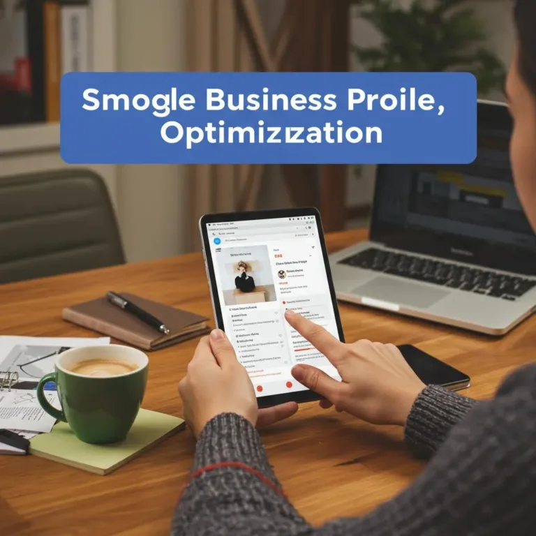 Person using a tablet to optimize Google Business Profile in a cozy workspace, featuring a cup of coffee and a laptop on a wooden desk.