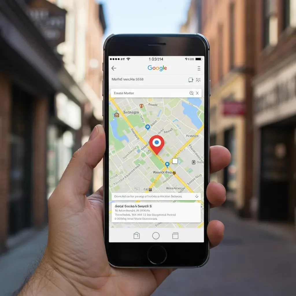 Smartphone displaying Google Maps with a highlighted local business listing, illustrating GMB insights for local SEO optimization.