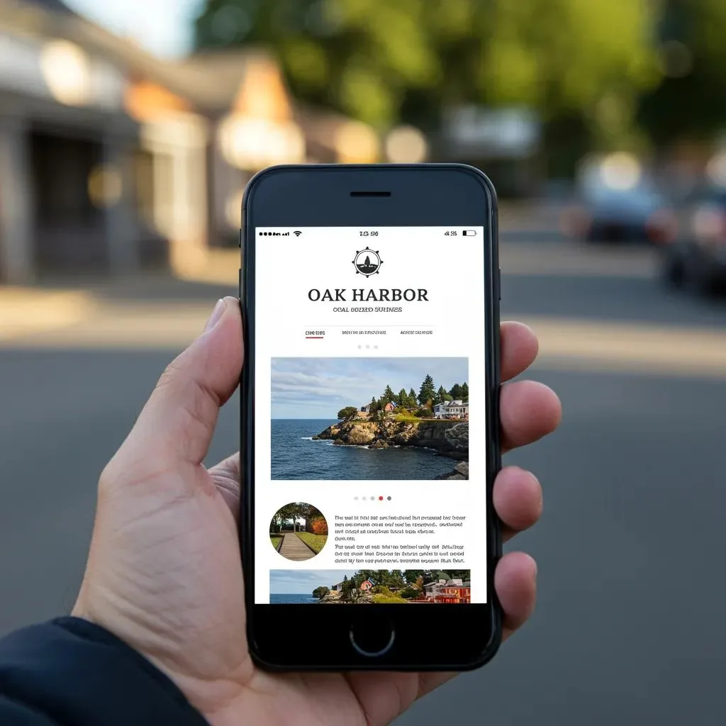 Smartphone displaying a mobile-optimized website for a local Oak Harbor business, featuring scenic coastal imagery and easy navigation elements, emphasizing mobile-friendly design for improved local SEO.