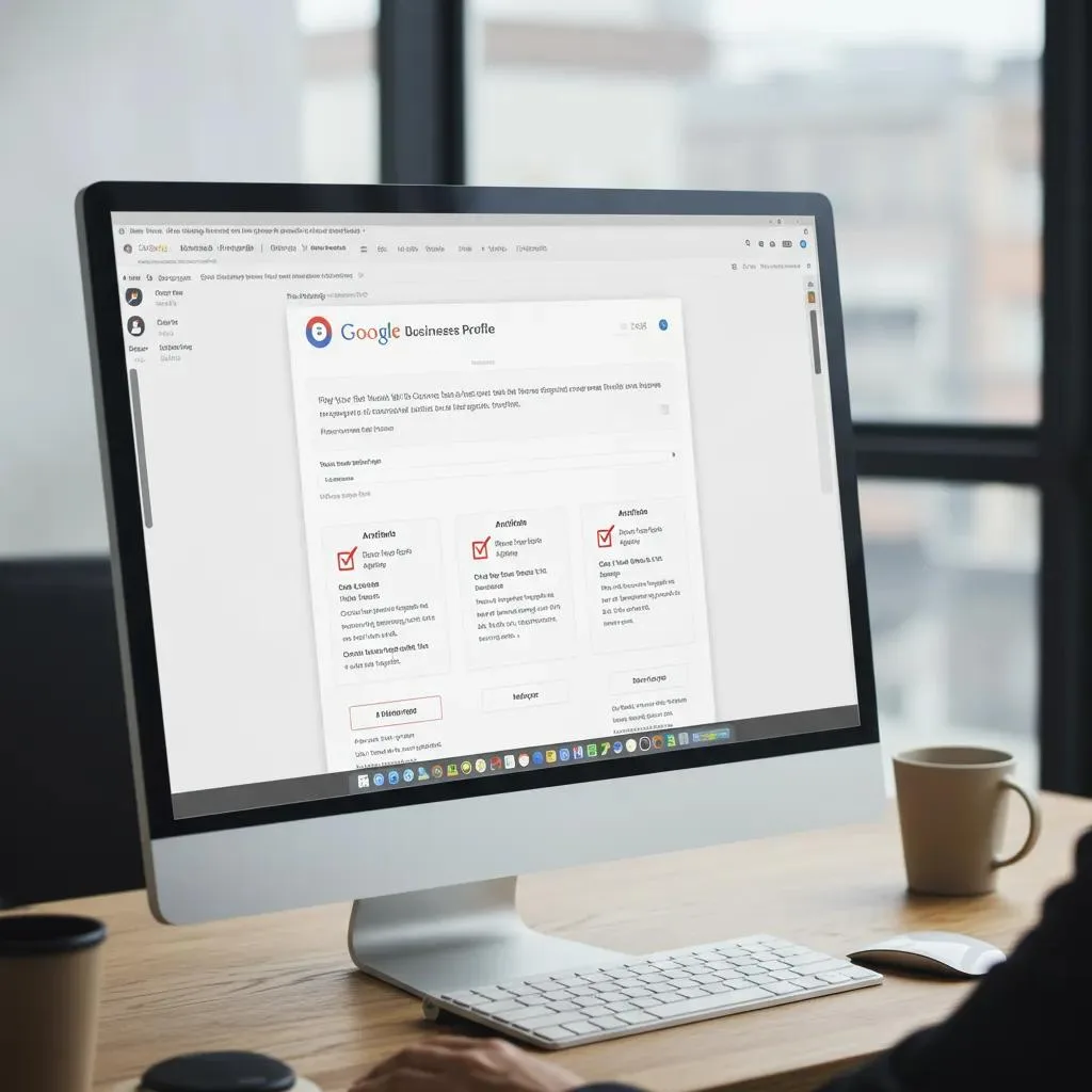 Computer screen displaying the Google Business Profile dashboard with verification steps and checklists for local business optimization, emphasizing actionable profile completion and verification processes.