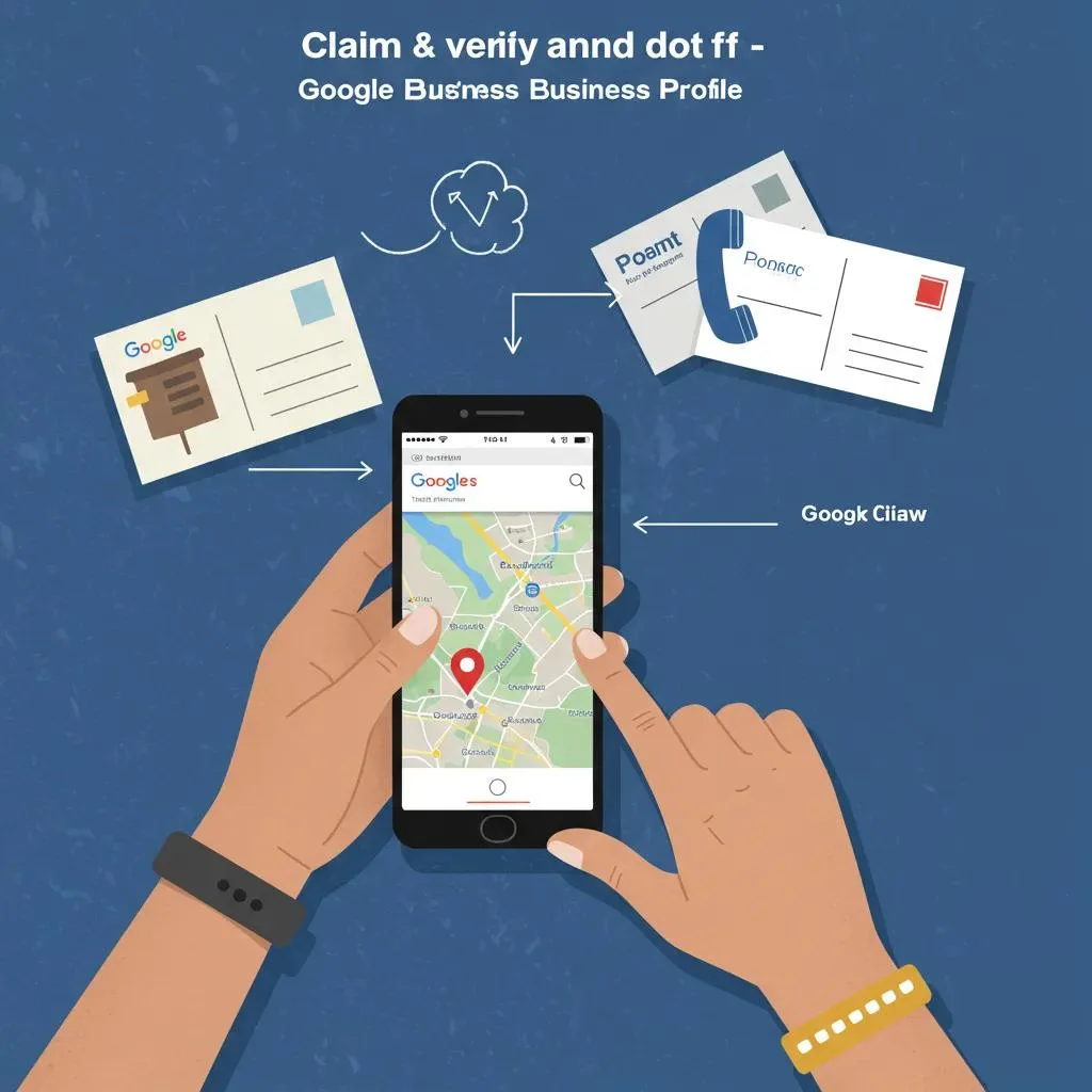 Steps to claim and verify Google Business Profile with smartphone and verification elements