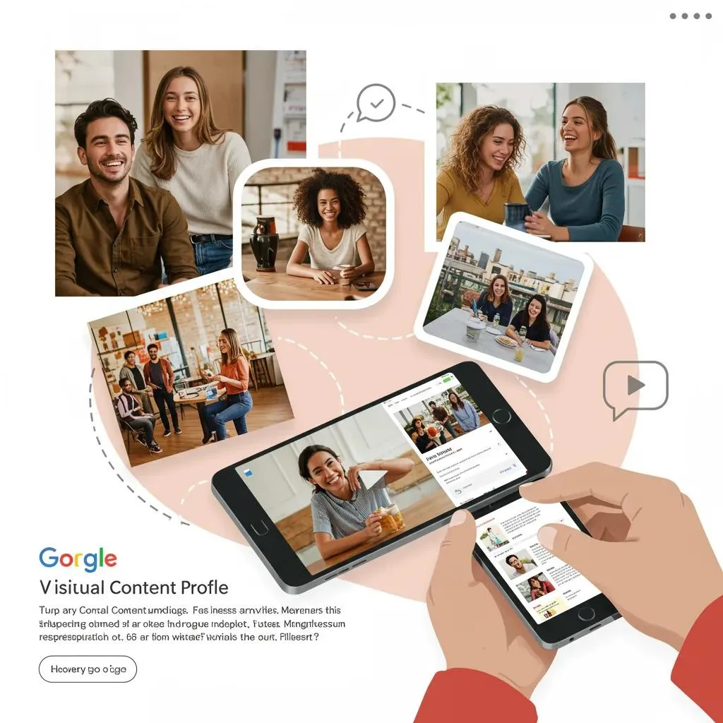 Visual content showcasing diverse groups of people engaging in social interactions, with a smartphone displaying Google Business Profile features, emphasizing the importance of high-quality visuals for local SEO and customer engagement.