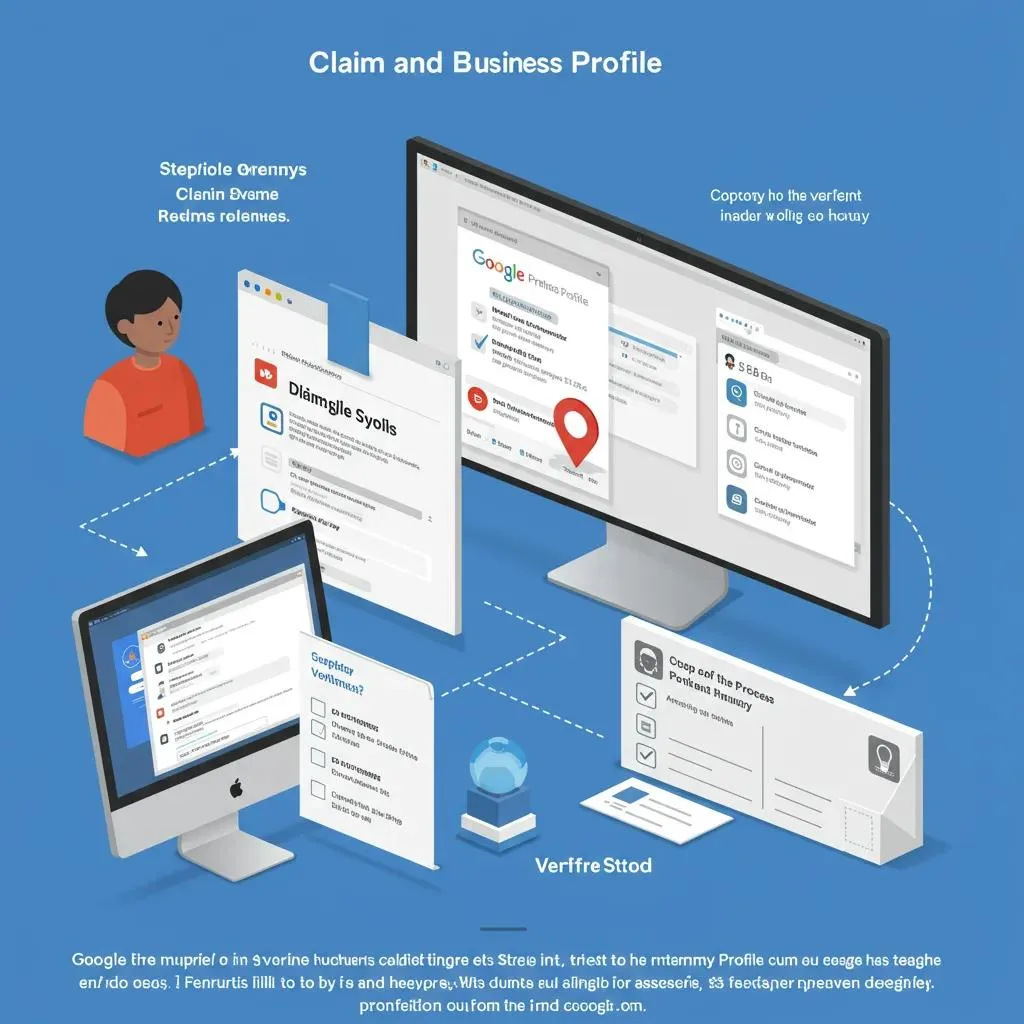Claiming and verifying a Google Business Profile with checklist, featuring computer interface and user interaction for local business optimization.