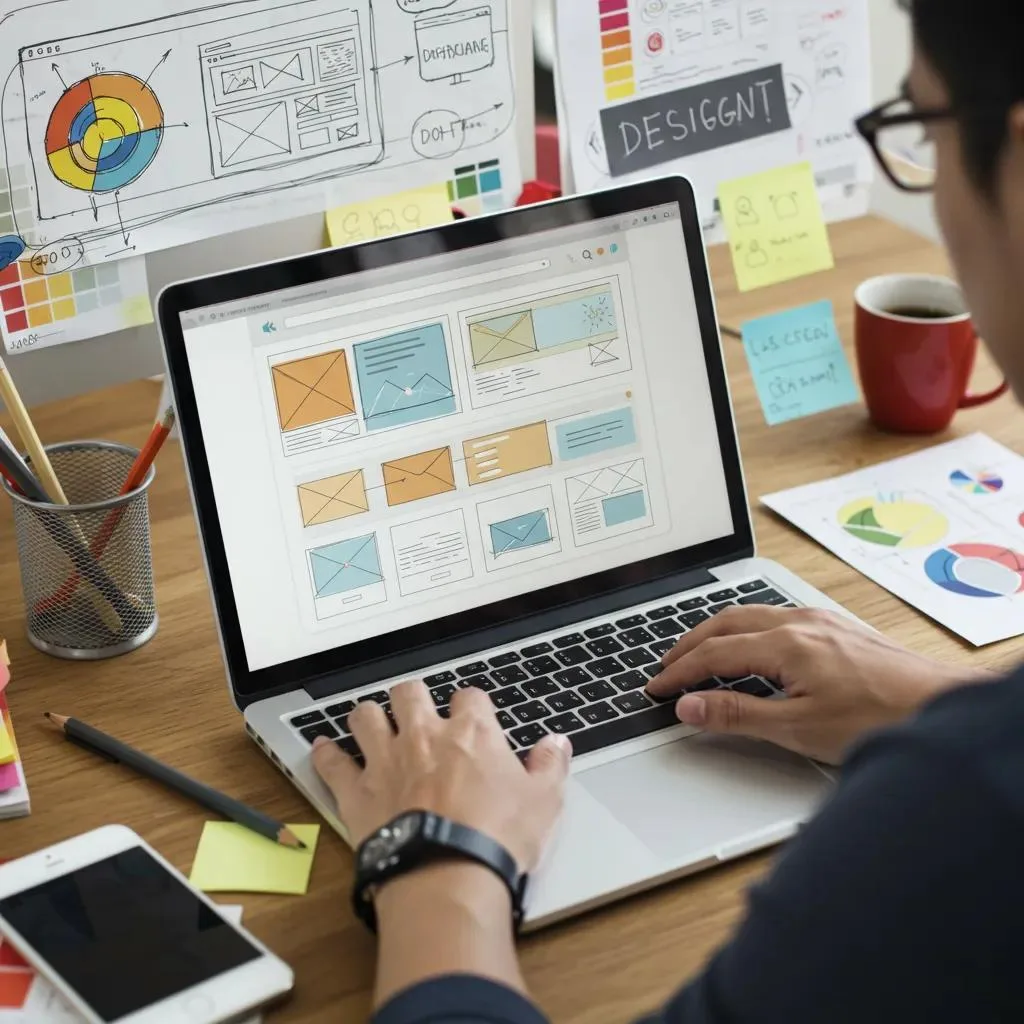 Web designer creating a visually appealing website layout on a laptop in a modern workspace, with design sketches and colorful materials in the background, emphasizing local SEO strategies for Blaine businesses.